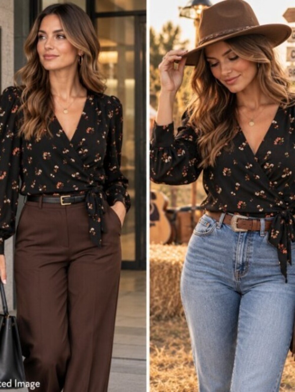70s Boho Floral Wrap Blouse Tie Waist Puff Sleeve Madewell Medium